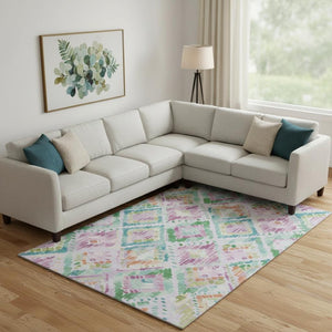 HomeRoots 10' Geometric Lavender, Teal & Orange Washable Area Rug with UV Protection - Perfect for High Traffic Spaces! 693030