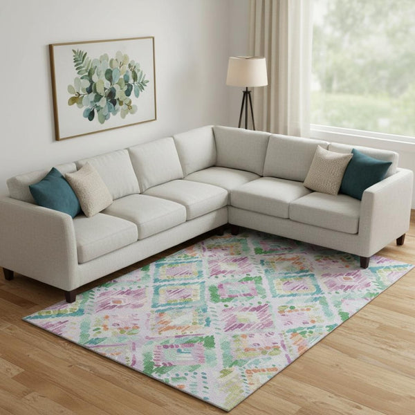 HomeRoots 10' Geometric Lavender, Teal & Orange Washable Area Rug with UV Protection - Perfect for High Traffic Spaces! 693030