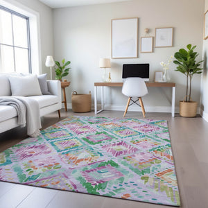 HomeRoots 10' Geometric Lavender, Teal & Orange Washable Area Rug with UV Protection - Perfect for High Traffic Spaces! 693030