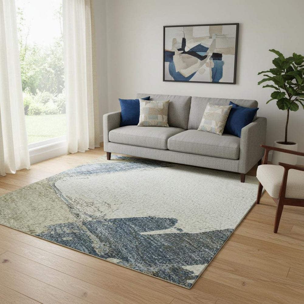 HomeRoots 5' Abstract Beige, Blue & Ivory Washable Area Rug with UV Protection – Soft, Durable & Stylish Decor 693032