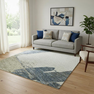 HomeRoots 5' Abstract Beige, Blue & Ivory Washable Area Rug with UV Protection – Soft, Durable & Stylish Decor 693032