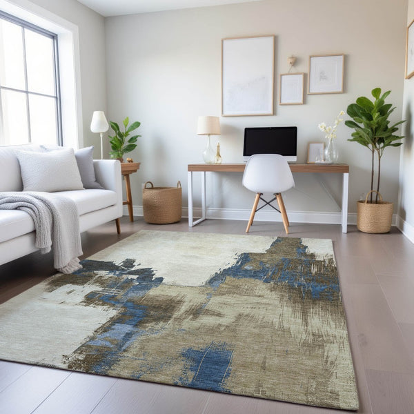 HomeRoots 5' Abstract Beige, Blue & Ivory Washable Area Rug with UV Protection – Soft, Durable & Stylish Decor 693032