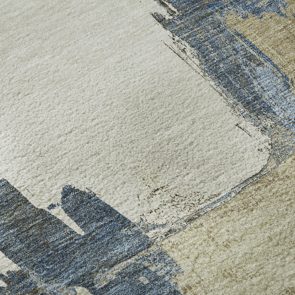 HomeRoots 5' Abstract Beige, Blue & Ivory Washable Area Rug with UV Protection – Soft, Durable & Stylish Decor 693032