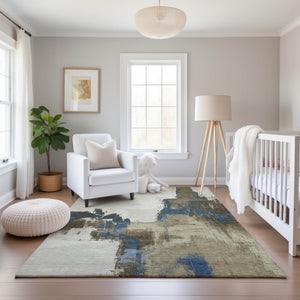 HomeRoots 5' Abstract Beige, Blue & Ivory Washable Area Rug with UV Protection – Soft, Durable & Stylish Decor 693032