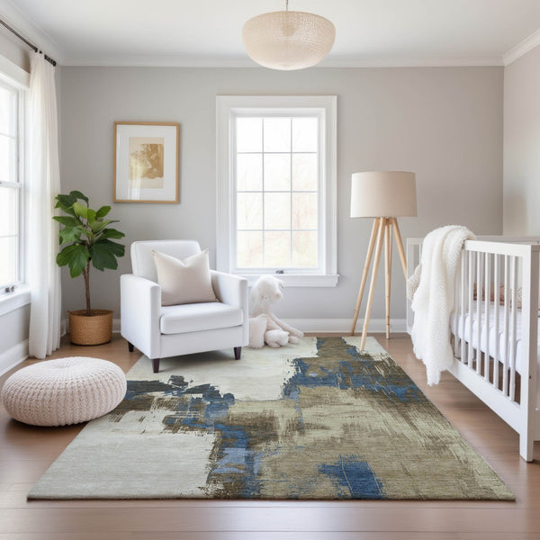 HomeRoots 5' Abstract Beige, Blue & Ivory Washable Area Rug with UV Protection – Soft, Durable & Stylish Decor 693032
