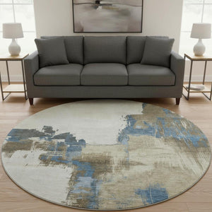 HomeRoots 8' X 8' Washable Round Rug in Beige, Blue & Ivory - UV Protected, Non-Slip for Indoor & Outdoor Use 693033
