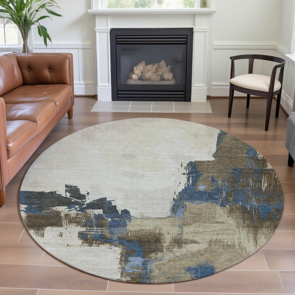 HomeRoots 8' X 8' Washable Round Rug in Beige, Blue & Ivory - UV Protected, Non-Slip for Indoor & Outdoor Use 693033