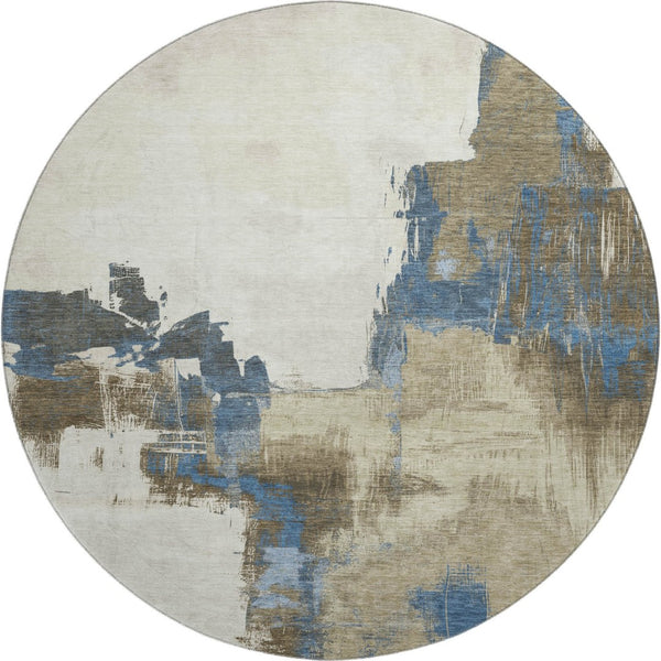 HomeRoots 8' X 8' Washable Round Rug in Beige, Blue & Ivory - UV Protected, Non-Slip for Indoor & Outdoor Use 693033