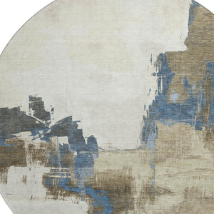 HomeRoots 8' X 8' Washable Round Rug in Beige, Blue & Ivory - UV Protected, Non-Slip for Indoor & Outdoor Use 693033