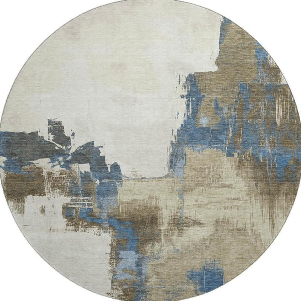 HomeRoots 8' X 8' Washable Round Rug in Beige, Blue & Ivory - UV Protected, Non-Slip for Indoor & Outdoor Use 693033
