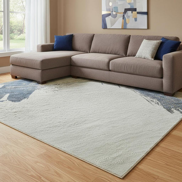HomeRoots 8' Beige Blue and Ivory Abstract Washable Area Rug - Perfect for Modern Homes with Kids & Pets! 693034