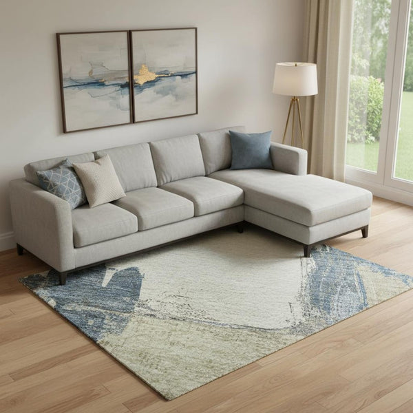 HomeRoots 9' X 12' Abstract Area Rug in Beige, Blue & Ivory - Washable, UV Protection, Stain Resistant & Durable 693035