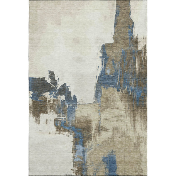 HomeRoots 10' X 14' Abstract Washable Area Rug in Beige, Blue & Ivory - UV Protected, Durable & Easy Care! 693036