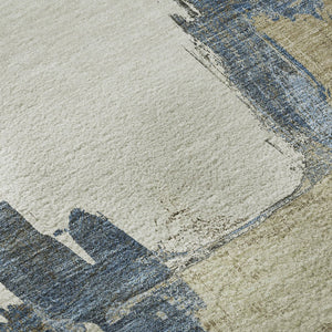 HomeRoots 10' X 14' Abstract Washable Area Rug in Beige, Blue & Ivory - UV Protected, Durable & Easy Care! 693036