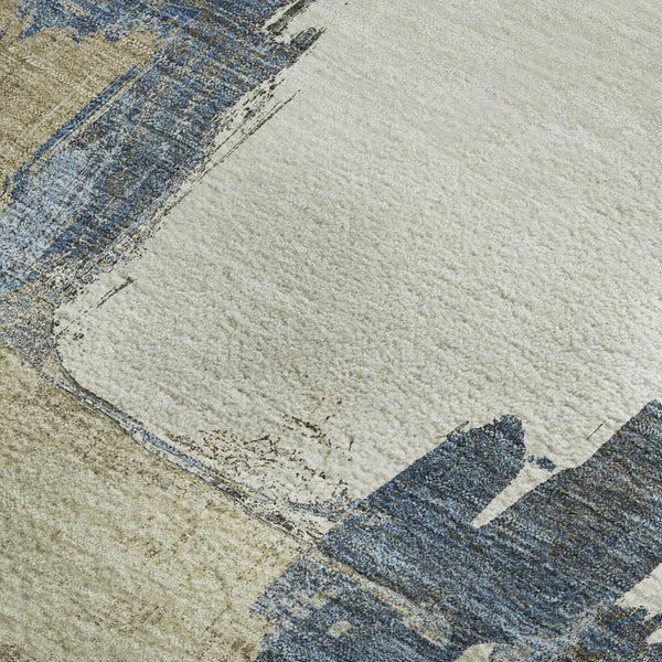 HomeRoots 10' X 14' Abstract Washable Area Rug in Beige, Blue & Ivory - UV Protected, Durable & Easy Care! 693036