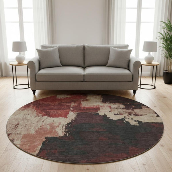 HomeRoots 8' X 8' Washable Round Rug in Brick Red, Mauve & Beige – UV Protected, Non-Slip & Stain Resistant 693039