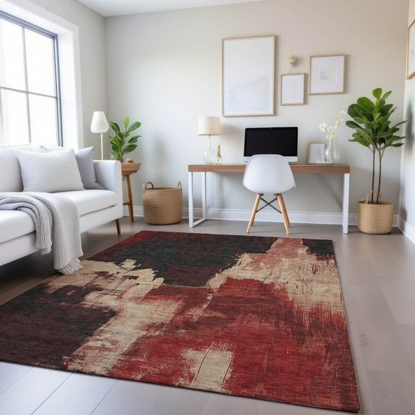 HomeRoots 9' X 12' Abstract Washable Area Rug in Brick Red, Mauve & Beige - UV Protected, Stain Resistant Design 693041