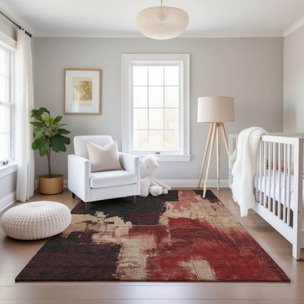 HomeRoots 10' Abstract Area Rug in Brick Red, Mauve & Beige - Washable, UV-Protected, Stain-Resistant Design 693042