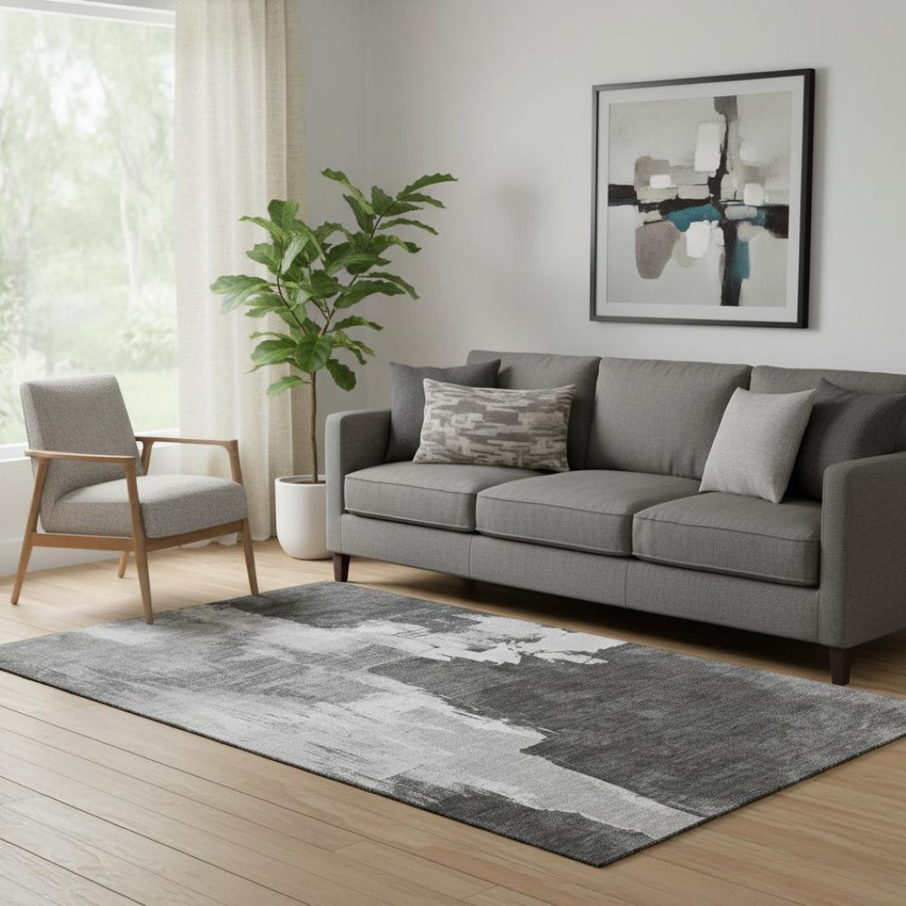 HomeRoots 5' X 8' Gray Silver Charcoal Abstract Washable Area Rug - Durable, Stain-Resistant, UV Protected! 693044