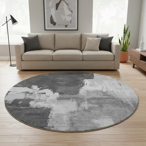HomeRoots 8' Modern Abstract Round Rug in Gray & Charcoal – Washable, UV-Protected, Non-Slip Design for Any Room 693045