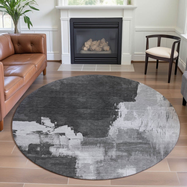 HomeRoots 8' Modern Abstract Round Rug in Gray & Charcoal – Washable, UV-Protected, Non-Slip Design for Any Room 693045