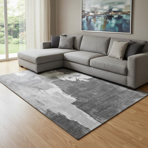 HomeRoots 8' Gray Silver and Charcoal Abstract Area Rug - Washable, UV Protected, Ideal for Busy Homes! 693046