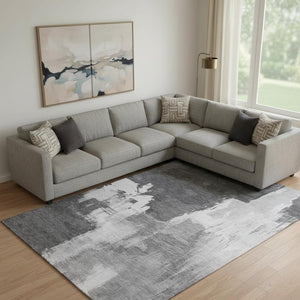 HomeRoots 9' X 12' Modern Gray Silver Charcoal Abstract Area Rug – Stain-Resistant, UV Protected, Washable! 693047
