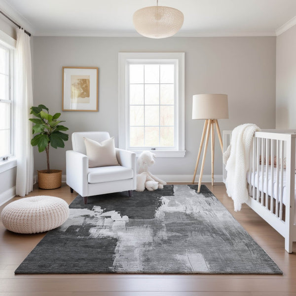 HomeRoots 9' X 12' Modern Gray Silver Charcoal Abstract Area Rug – Stain-Resistant, UV Protected, Washable! 693047
