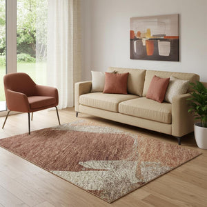 HomeRoots 5' X 8' Washable Area Rug in Rust, Beige & Peach - UV Protected, Stain Resistant, Durable Design! 693050