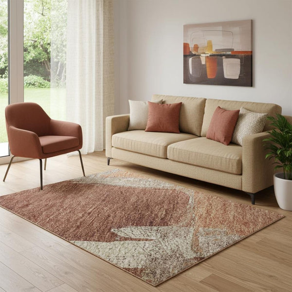 HomeRoots 5' X 8' Washable Area Rug in Rust, Beige & Peach - UV Protected, Stain Resistant, Durable Design! 693050