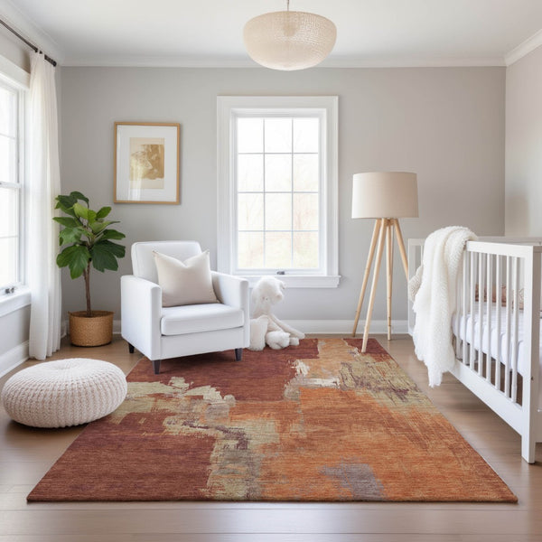 HomeRoots 5' X 8' Washable Area Rug in Rust, Beige & Peach - UV Protected, Stain Resistant, Durable Design! 693050