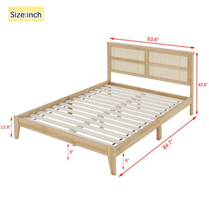 English Elm Queen Size Solid Rubberwood Bed With Rattan Headboard – Durable, Stylish & Space-Saving Design! W504P184305-GIGA