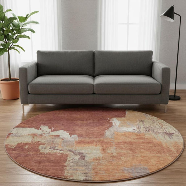 HomeRoots 8' X 8' Washable Round Rug in Rust, Beige & Peach – UV Protected, Stain Resistant, Modern Style Statement 693051