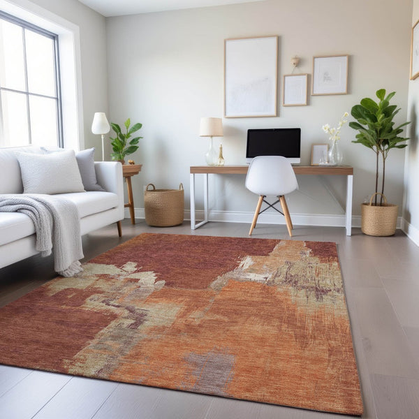 HomeRoots 8' Contemporary Abstract Area Rug in Rust, Beige & Peach - Washable, UV Protected & Stain Resistant 693052
