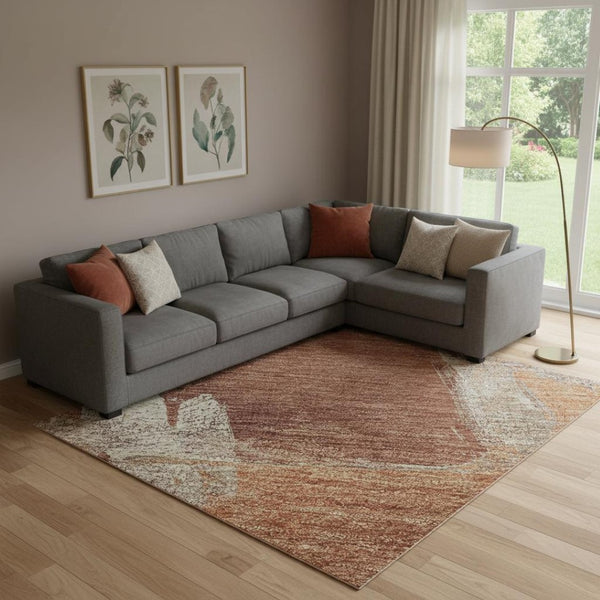 HomeRoots 9' X 12' Abstract Washable Area Rug in Rust, Beige & Peach - Durable, UV Protected & Stain-Resistant 693053