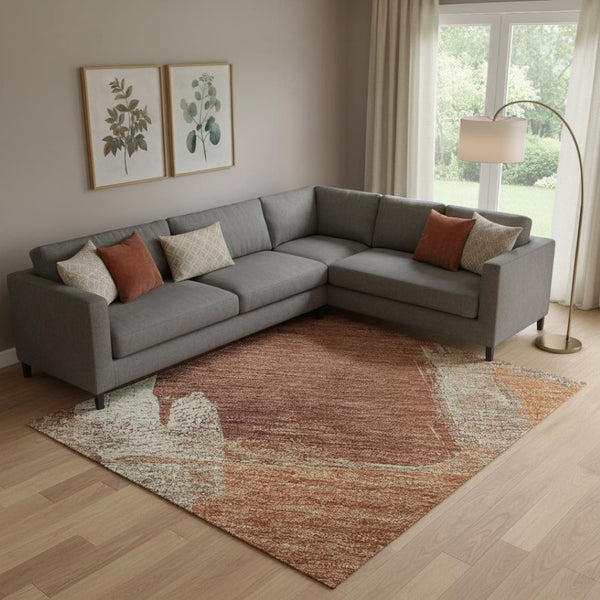 HomeRoots 10' X 14' Abstract Washable Area Rug in Rust, Beige & Peach – Durable, UV Protected for Modern Spaces 693054