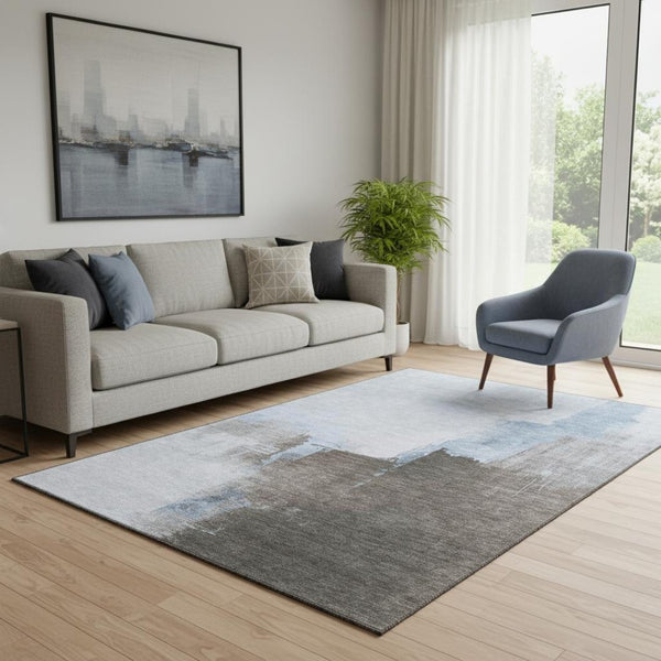 HomeRoots 5' X 8' Abstract Washable Area Rug in Sky Blue, Chocolate & Taupe - UV Protected & Stain Resistant 693056