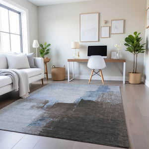 HomeRoots 5' X 8' Abstract Washable Area Rug in Sky Blue, Chocolate & Taupe - UV Protected & Stain Resistant 693056