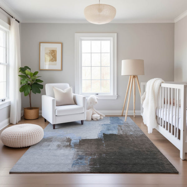 HomeRoots 5' X 8' Abstract Washable Area Rug in Sky Blue, Chocolate & Taupe - UV Protected & Stain Resistant 693056