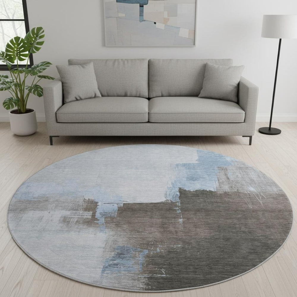 HomeRoots 8' Sky Blue Abstract Round Rug - Washable, UV Protected, Durable, Non-Slip for Homes with Kids & Pets 693057