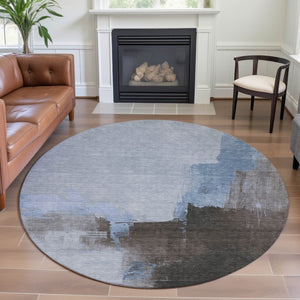 HomeRoots 8' Sky Blue Abstract Round Rug - Washable, UV Protected, Durable, Non-Slip for Homes with Kids & Pets 693057