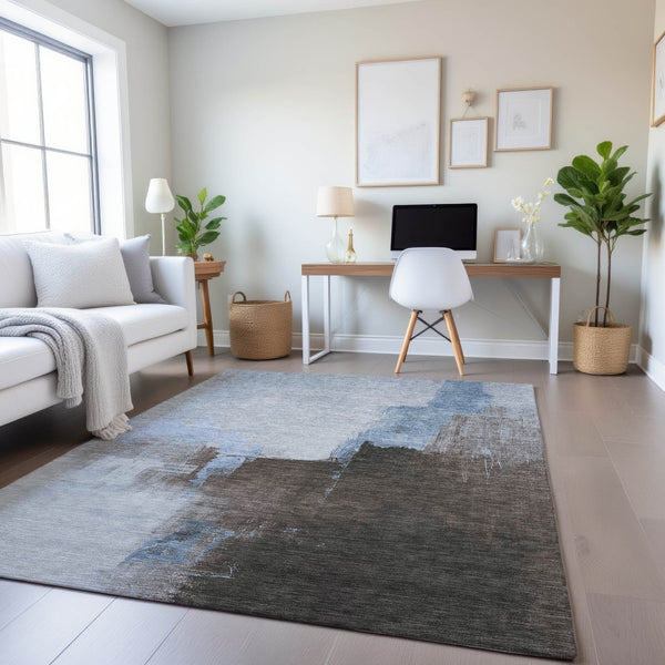 HomeRoots 10' Sky Blue Chocolate Taupe Abstract Washable Area Rug with UV Protection for Modern Living Spaces 693060