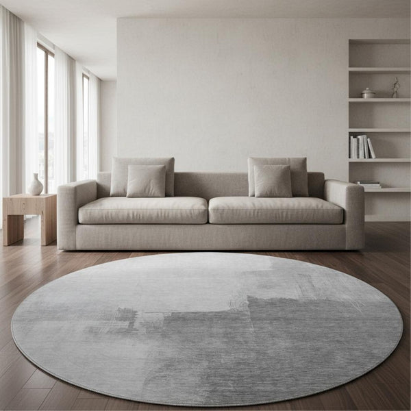 HomeRoots 8' Round Silver Gray & Charcoal Abstract Rug - Washable, UV Protected, Durable for High-Traffic Areas 693063
