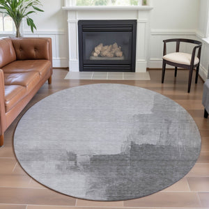HomeRoots 8' Round Silver Gray & Charcoal Abstract Rug - Washable, UV Protected, Durable for High-Traffic Areas 693063