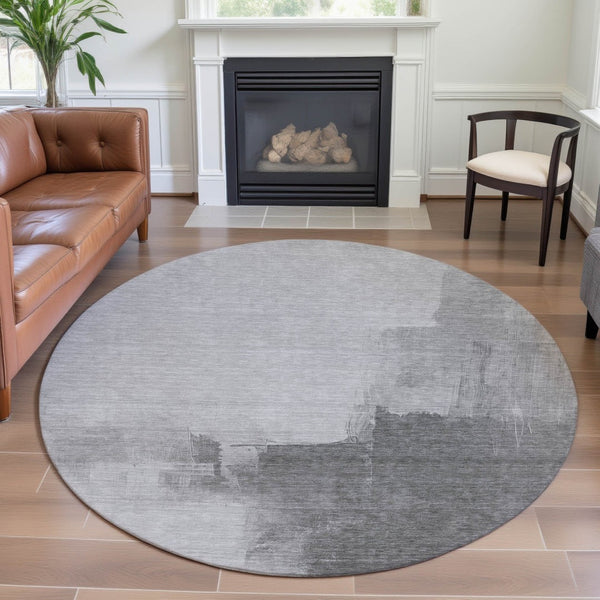 HomeRoots 8' Round Silver Gray & Charcoal Abstract Rug - Washable, UV Protected, Durable for High-Traffic Areas 693063