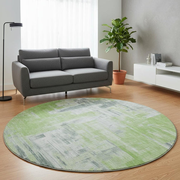 HomeRoots 8' X 8' Artichoke Green Gray Ivory Abstract Round Rug – Washable, UV Protected, Ideal for Busy Homes 693069