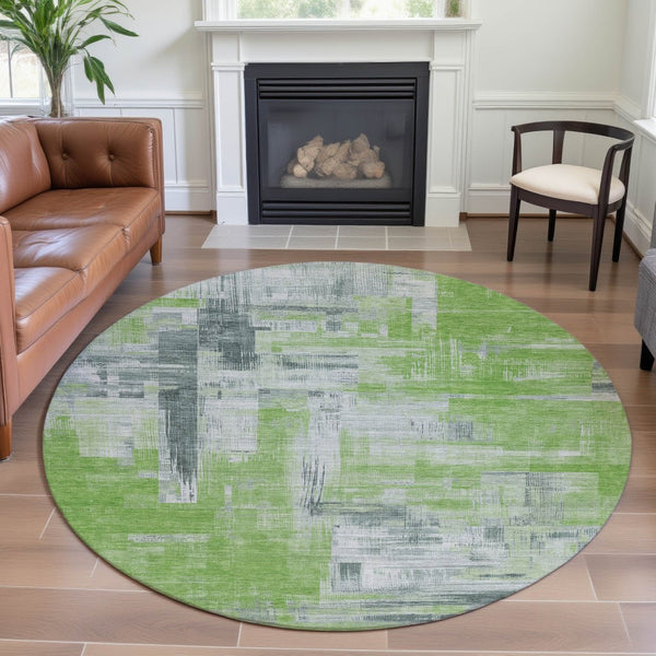 HomeRoots 8' X 8' Artichoke Green Gray Ivory Abstract Round Rug – Washable, UV Protected, Ideal for Busy Homes 693069