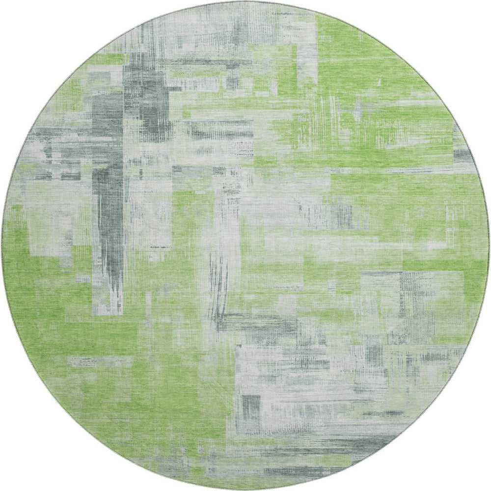 HomeRoots 8' X 8' Artichoke Green Gray Ivory Abstract Round Rug – Washable, UV Protected, Ideal for Busy Homes 693069