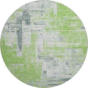 HomeRoots 8' X 8' Artichoke Green Gray Ivory Abstract Round Rug – Washable, UV Protected, Ideal for Busy Homes 693069