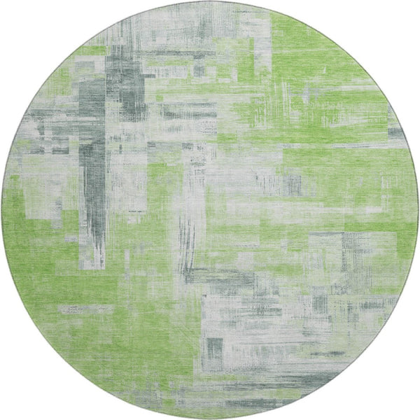 HomeRoots 8' X 8' Artichoke Green Gray Ivory Abstract Round Rug – Washable, UV Protected, Ideal for Busy Homes 693069